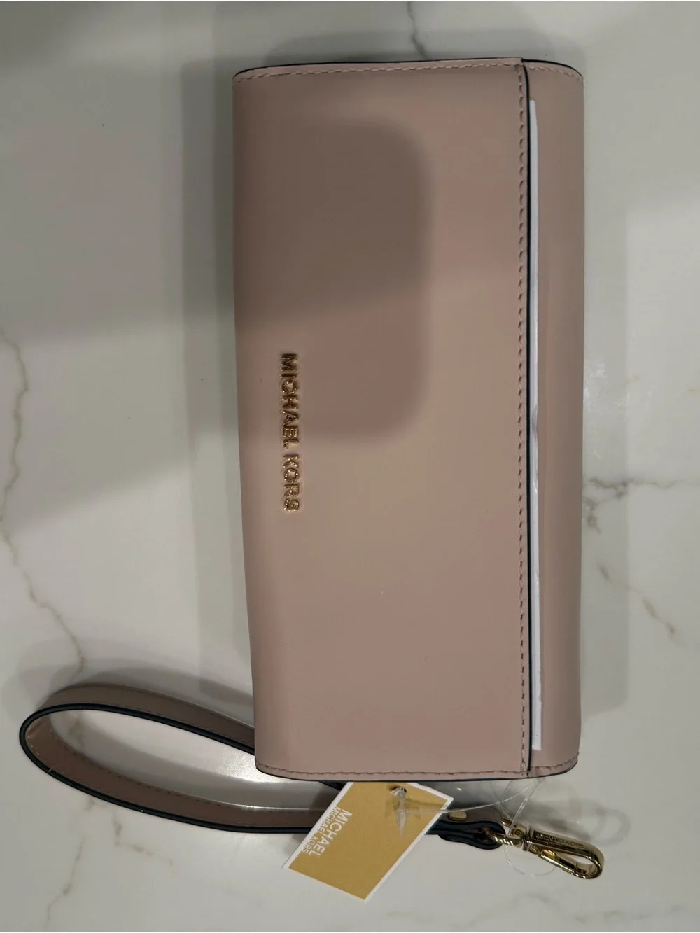 Michael Kors Pale Pink Leather Envelope Wristlet with Gold Hardware